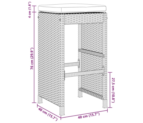 Taburetes altos de bar de jardín cojines 6 uds ratán PE negro