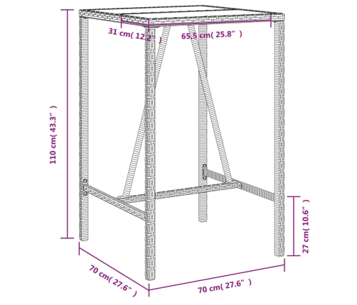 Mesa de bar de exterior ratán sintético marrón 70x70x110 cm