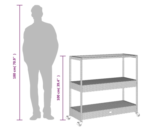 Carrito de bar 3 niveles ratán PE y madera maciza acacia negro