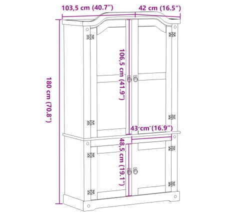 Armario con vitrina Corona madera maciza pino 103,5x42x180 cm