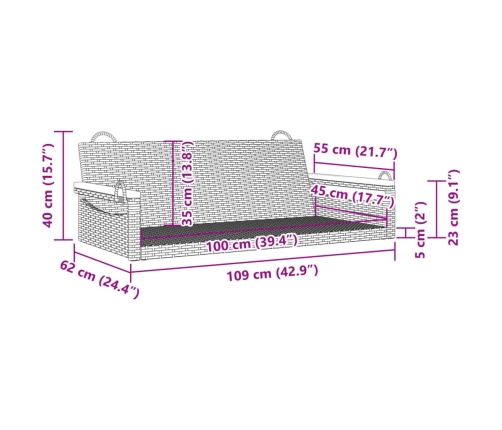 vidaXL Banco columpio de ratán sintético negro 109x62x40 cm