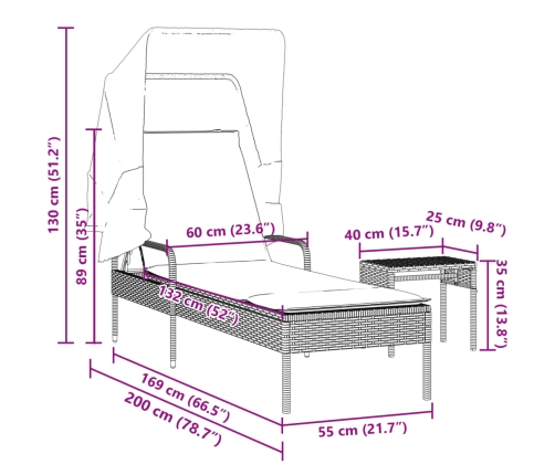 Tumbona con capota y mesa ratán sintético marrón