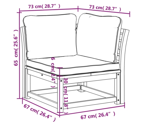 Sofá de jardín de esquina y cojines acacia maciza 73x73x65 cm