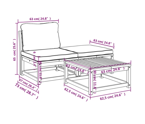 Set de muebles para jardín 3 piezas con cojines madera acacia