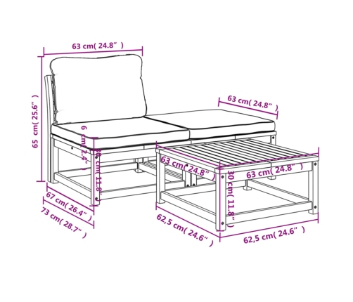 Set de muebles para jardín 3 piezas con cojines madera acacia