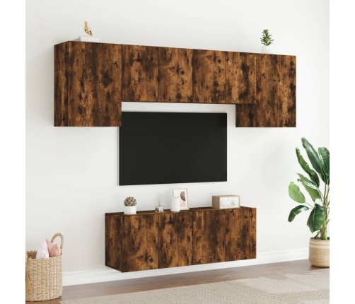 Muebles de TV de pared 6 pzas madera ingeniería roble ahumado