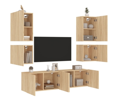 Muebles de TV de pared 6 pzas madera de ingeniería roble Sonoma