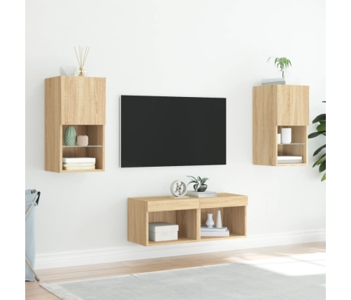 Muebles de TV de pared con luces LED 4 piezas roble Sonoma