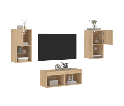 Muebles de TV de pared con luces LED 4 piezas roble Sonoma