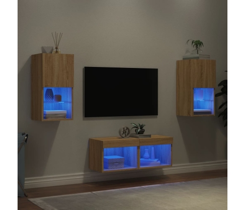 Muebles de TV de pared con luces LED 4 piezas roble Sonoma