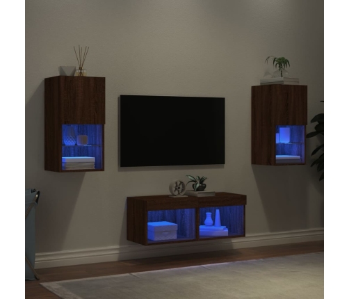 Muebles de TV de pared con luces LED 4 piezas marrón roble