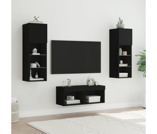 Muebles de TV de pared con luces LED 4 piezas negro