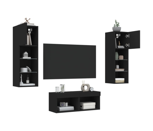 Muebles de TV de pared con luces LED 4 piezas negro