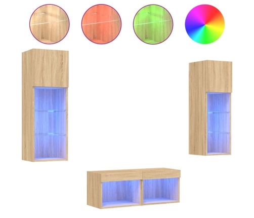 Muebles de TV de pared con luces LED 4 piezas roble Sonoma