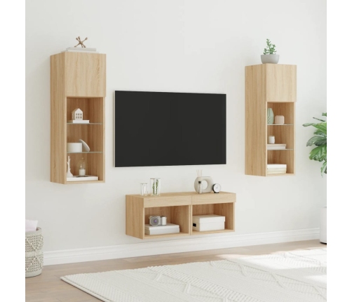 Muebles de TV de pared con luces LED 4 piezas roble Sonoma