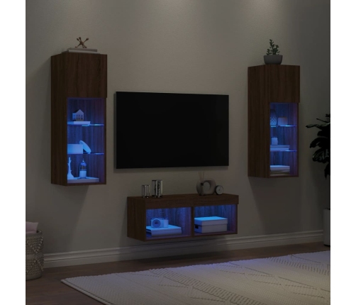 Muebles de TV de pared con luces LED 4 piezas marrón roble