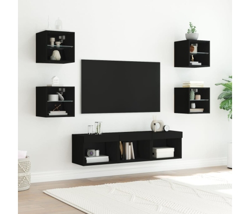 Muebles de TV de pared con LED 7 pzas madera ingeniería negro