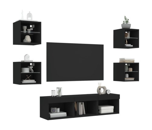 Muebles de TV de pared con LED 7 pzas madera ingeniería negro