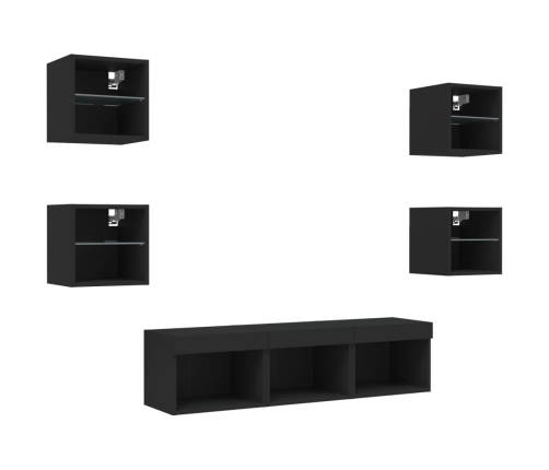 Muebles de TV de pared con LED 7 pzas madera ingeniería negro