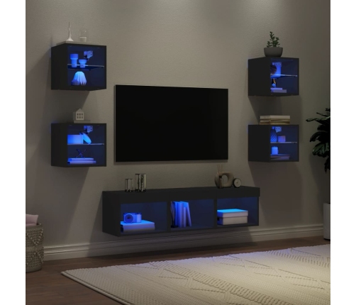 Muebles de TV de pared con LED 7 pzas madera ingeniería negro