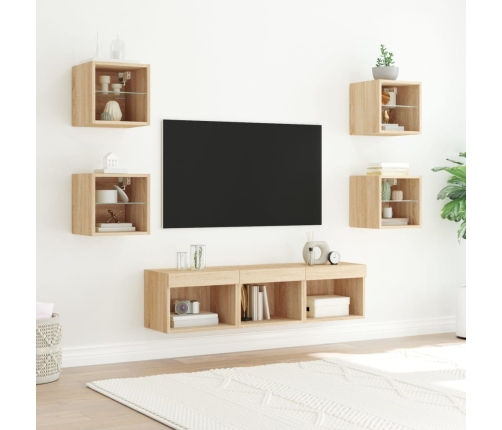 Muebles TV pared con LED 7 pzas madera ingeniería roble Sonoma