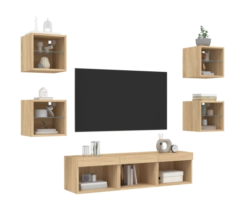 Muebles TV pared con LED 7 pzas madera ingeniería roble Sonoma