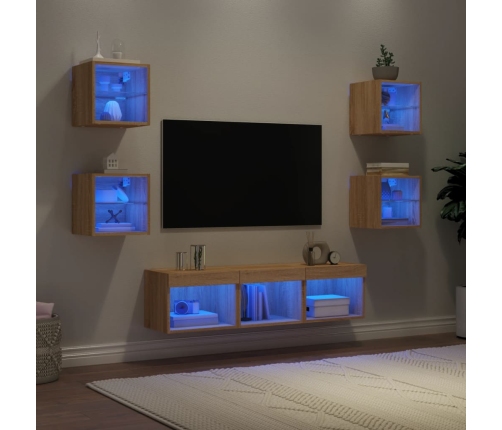 Muebles TV pared con LED 7 pzas madera ingeniería roble Sonoma