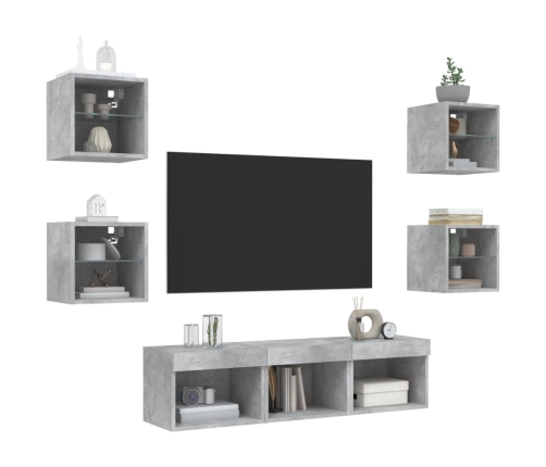 Muebles TV pared con LED 7 pzas madera ingeniería gris hormigón