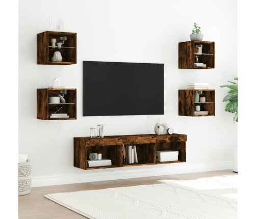 Muebles TV pared con LED 7 pzas madera ingeniería roble ahumado