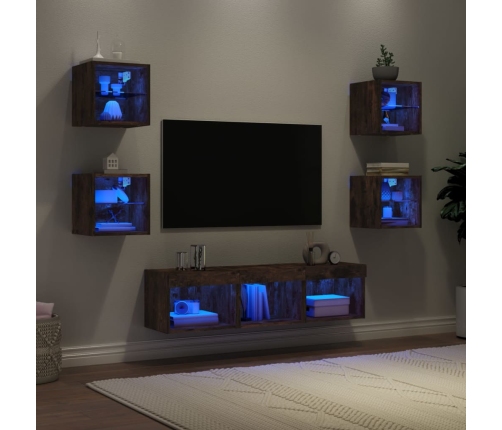 Muebles TV pared con LED 7 pzas madera ingeniería roble ahumado