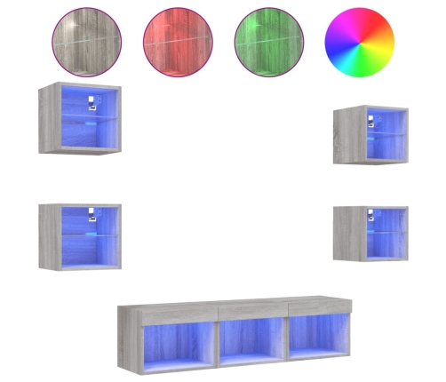 Muebles TV pared con LED 7 pzas madera ingeniería gris Sonoma