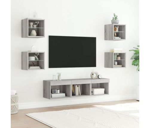 Muebles TV pared con LED 7 pzas madera ingeniería gris Sonoma