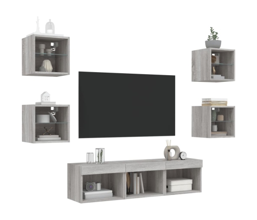 Muebles TV pared con LED 7 pzas madera ingeniería gris Sonoma