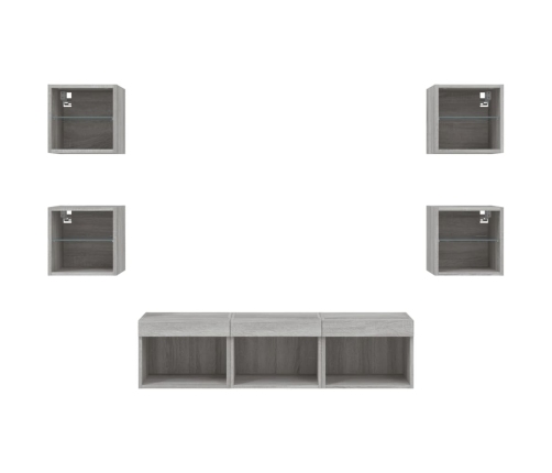 Muebles TV pared con LED 7 pzas madera ingeniería gris Sonoma