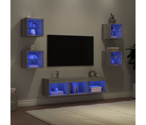 Muebles TV pared con LED 7 pzas madera ingeniería gris Sonoma