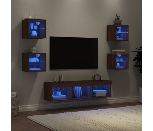 Muebles TV pared con LED 7 pzas madera ingeniería marrón roble