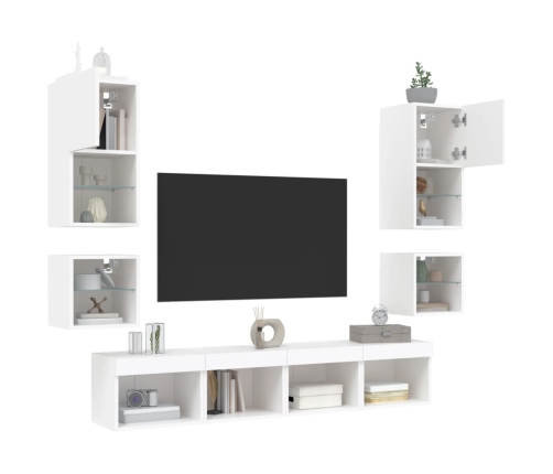 Muebles de TV de pared con LED 8 pzas madera ingeniería blanco