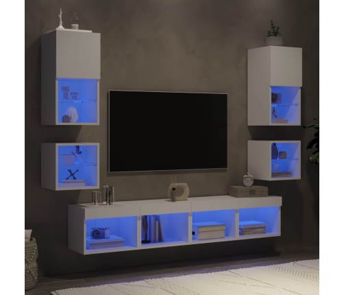 Muebles de TV de pared con LED 8 pzas madera ingeniería blanco