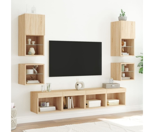 Muebles TV pared con LED 8 pzas madera ingeniería roble Sonoma