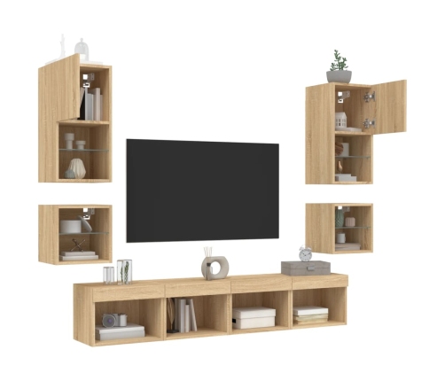 Muebles TV pared con LED 8 pzas madera ingeniería roble Sonoma