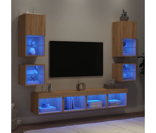 Muebles TV pared con LED 8 pzas madera ingeniería roble Sonoma