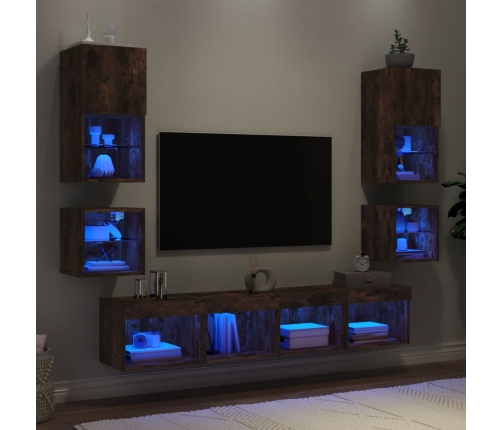 Muebles TV pared con LED 8 pzas madera ingeniería roble ahumado