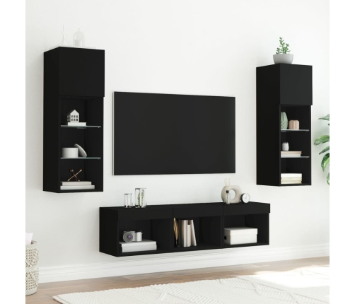 Muebles de TV de pared con LED 5 pzas madera ingeniería negro