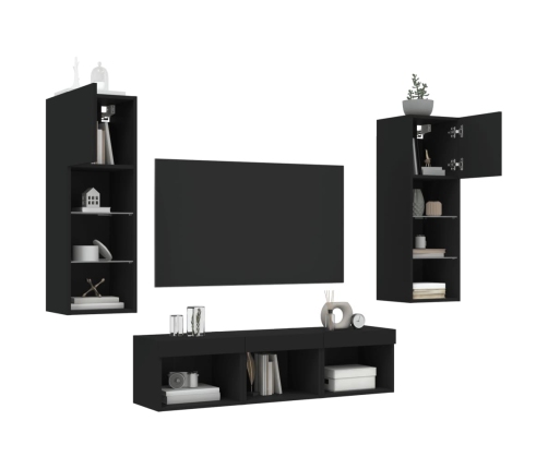 Muebles de TV de pared con LED 5 pzas madera ingeniería negro