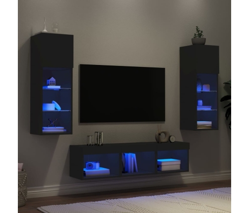 Muebles de TV de pared con LED 5 pzas madera ingeniería negro