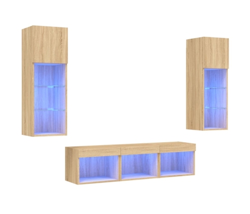 Muebles TV pared con LED 5 pzas madera ingeniería roble Sonoma