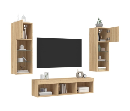 Muebles TV pared con LED 5 pzas madera ingeniería roble Sonoma