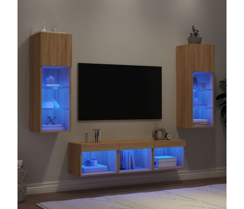 Muebles TV pared con LED 5 pzas madera ingeniería roble Sonoma