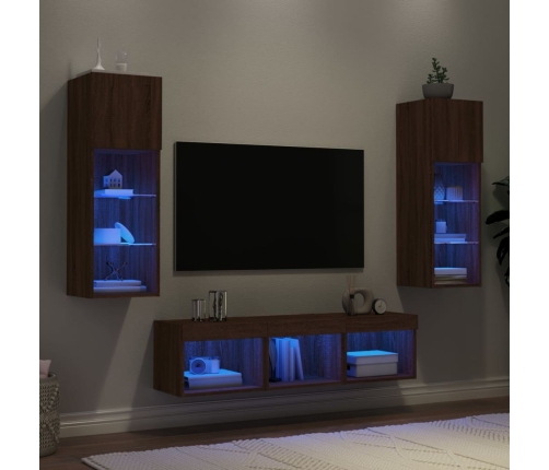 Muebles TV pared con LED 5 pzas madera ingeniería marrón roble