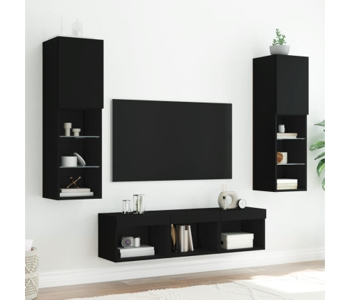 Muebles de TV de pared con LED 5 pzas madera ingeniería negro